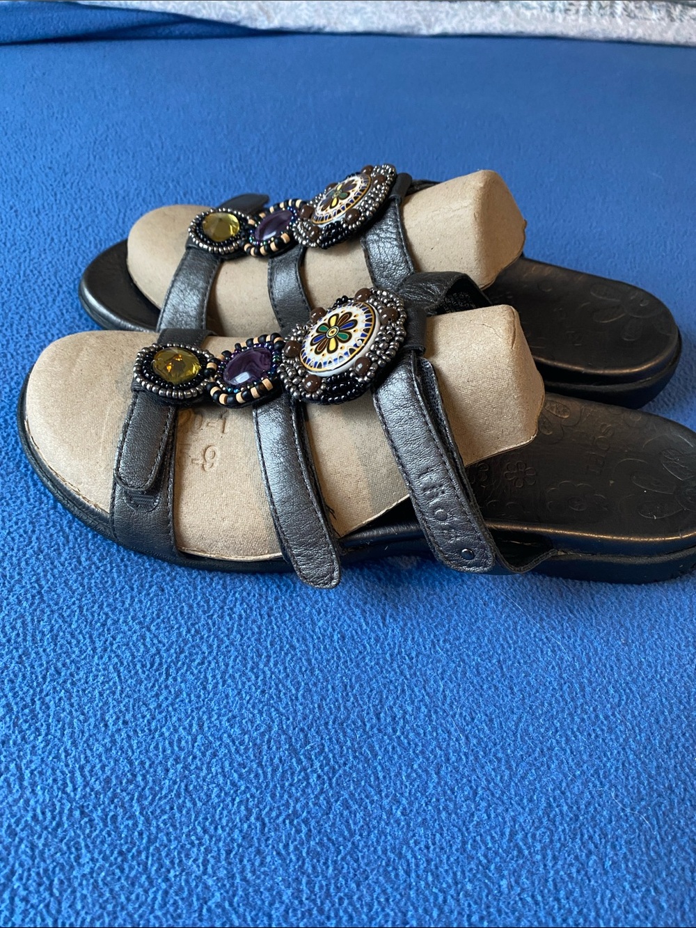 Taos Black Beaded Multi-Stone Slide Sandals - Picture 2 of 13